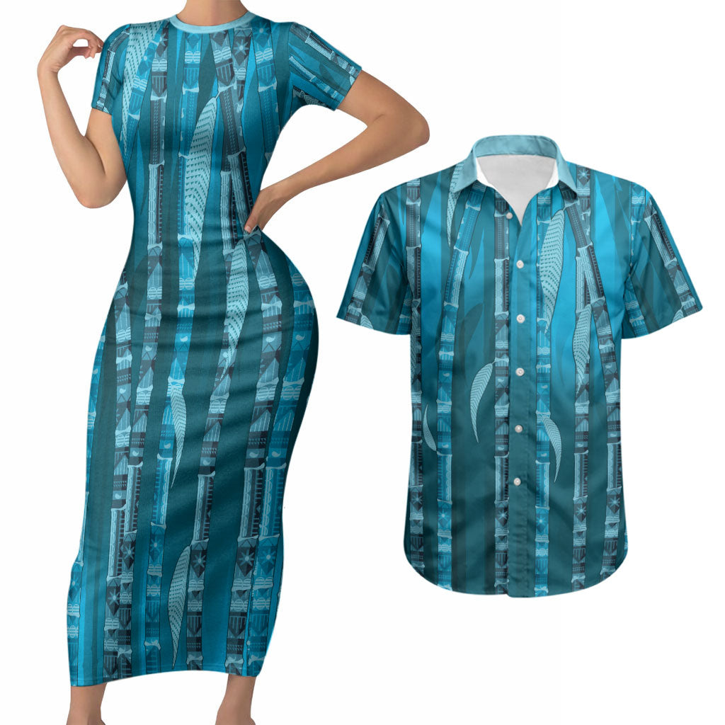 Personalised Fiji Language Week Sugarcane Masi Couples Matching Short Sleeve Bodycon Dress and Hawaiian Shirt Blue Tapa Tribal Pattern DT05 Blue - Polynesian Pride
