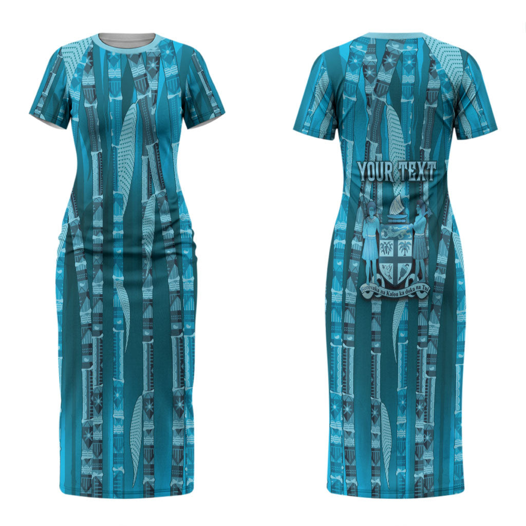 Personalised Fiji Language Week Sugarcane Masi Couples Matching Short Sleeve Bodycon Dress and Long Sleeve Button Shirt Blue Tapa Tribal Pattern