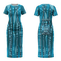 Personalised Fiji Language Week Sugarcane Masi Couples Matching Short Sleeve Bodycon Dress and Long Sleeve Button Shirt Blue Tapa Tribal Pattern