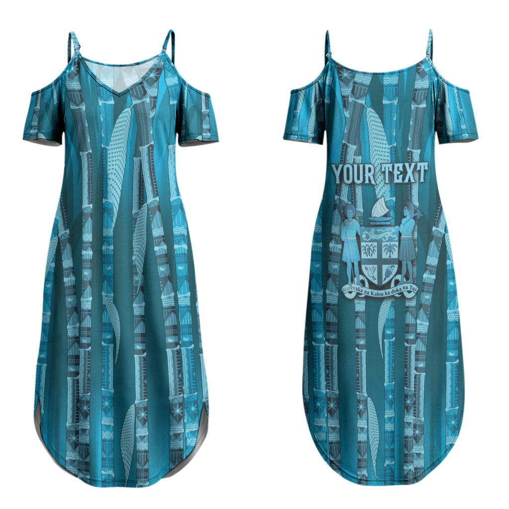 Personalised Fiji Language Week Sugarcane Masi Couples Matching Summer Maxi Dress and Hawaiian Shirt Blue Tapa Tribal Pattern