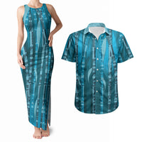Personalised Fiji Language Week Sugarcane Masi Couples Matching Tank Maxi Dress and Hawaiian Shirt Blue Tapa Tribal Pattern