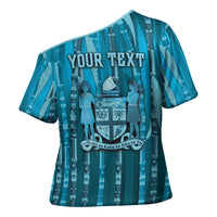 Personalised Fiji Language Week Sugarcane Masi Cross Shoulder Shirt Blue Tapa Tribal Pattern