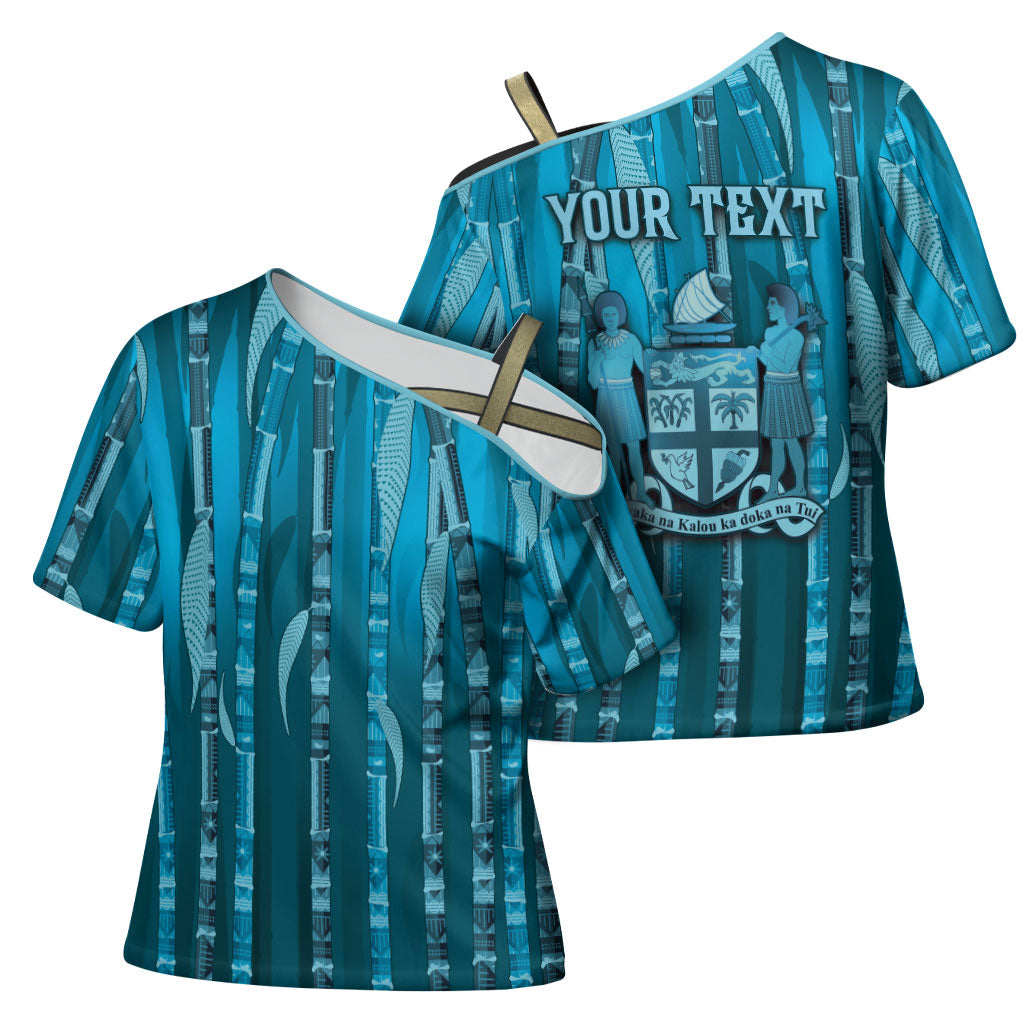 Personalised Fiji Language Week Sugarcane Masi Cross Shoulder Shirt Blue Tapa Tribal Pattern