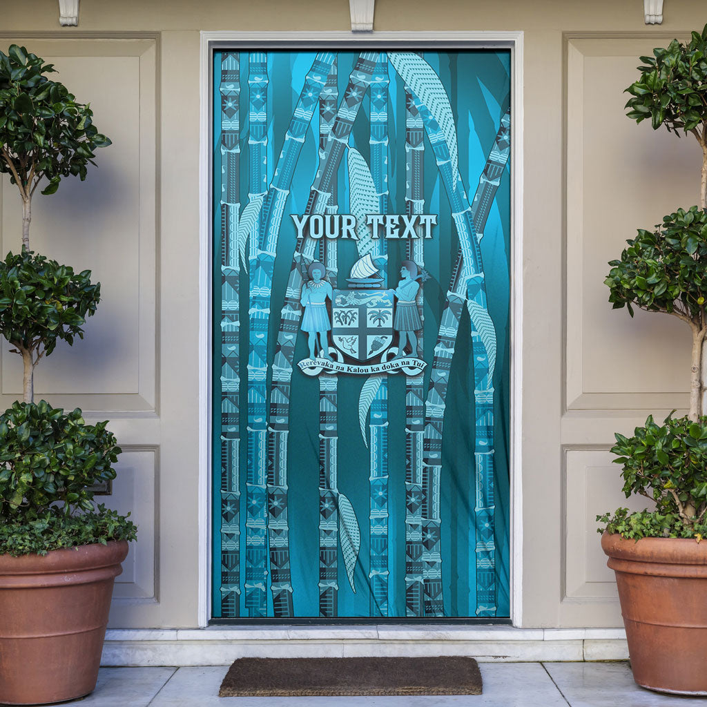 Personalised Fiji Language Week Sugarcane Masi Door Cover Blue Tapa Tribal Pattern
