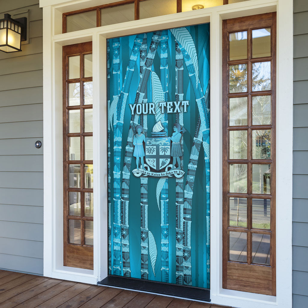 Personalised Fiji Language Week Sugarcane Masi Door Cover Blue Tapa Tribal Pattern