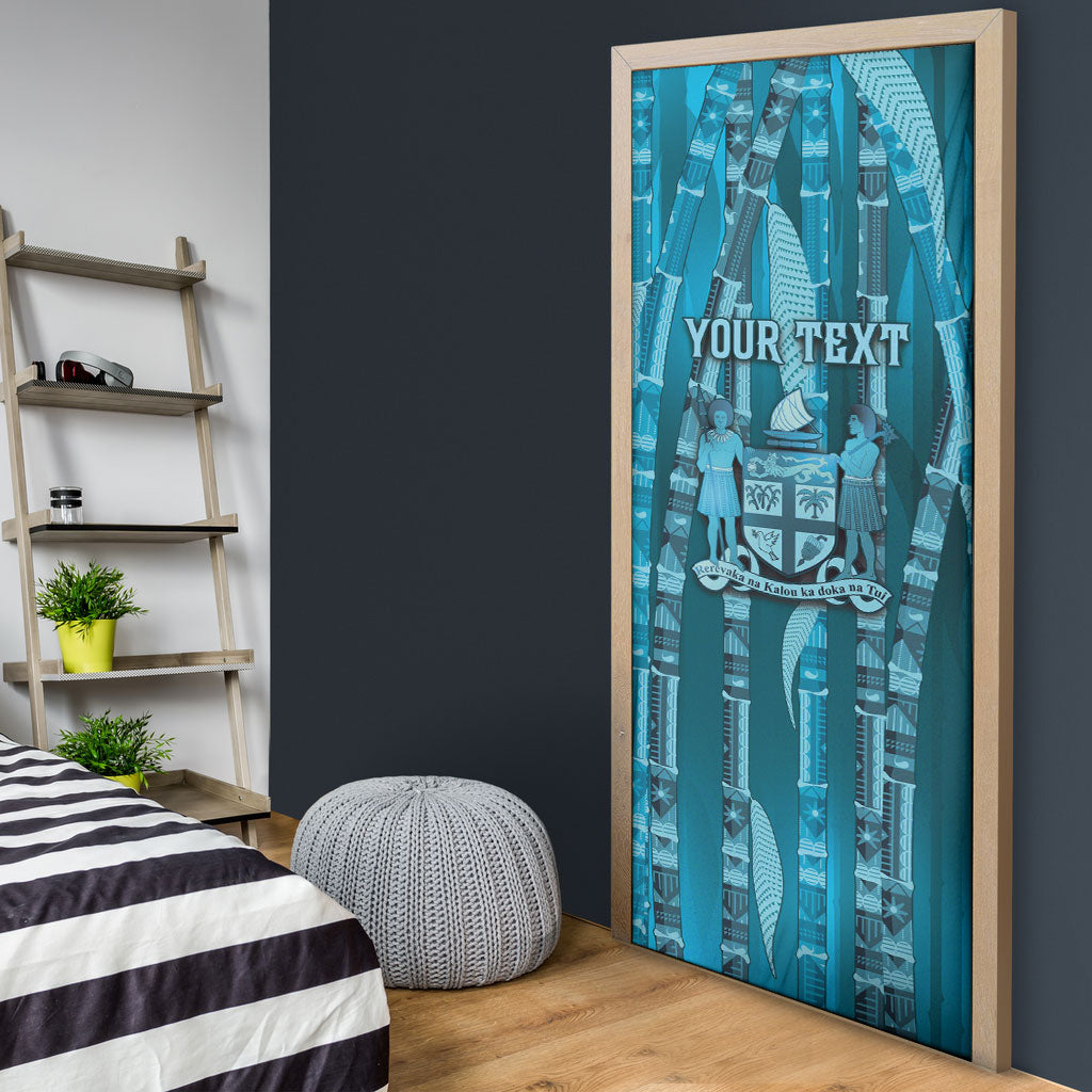 Personalised Fiji Language Week Sugarcane Masi Door Cover Blue Tapa Tribal Pattern