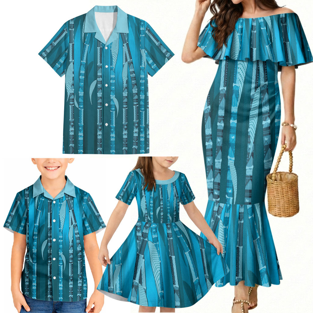 Personalised Fiji Language Week Sugarcane Masi Family Matching Mermaid Dress and Hawaiian Shirt Blue Tapa Tribal Pattern DT05 - Polynesian Pride