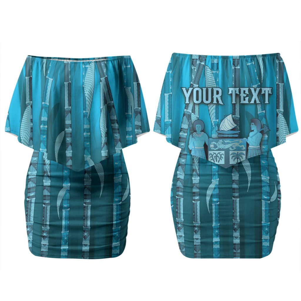 Personalised Fiji Language Week Sugarcane Masi Family Matching Off Shoulder Short Dress and Hawaiian Shirt Blue Tapa Tribal Pattern