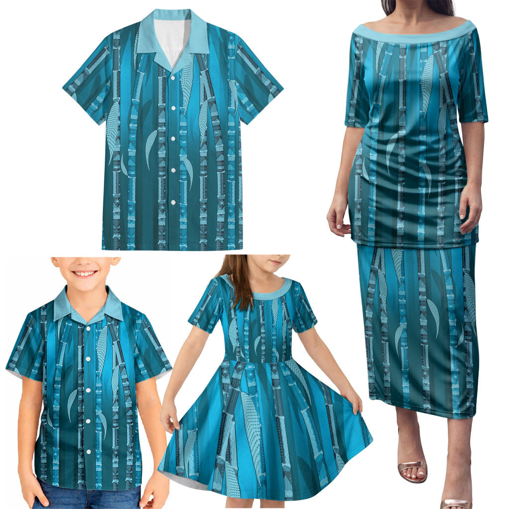 Personalised Fiji Language Week Sugarcane Masi Family Matching Puletasi and Hawaiian Shirt Blue Tapa Tribal Pattern