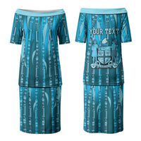 Personalised Fiji Language Week Sugarcane Masi Family Matching Puletasi and Hawaiian Shirt Blue Tapa Tribal Pattern