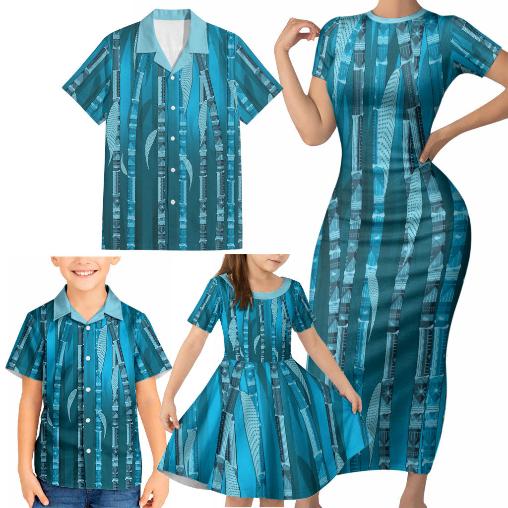 Personalised Fiji Language Week Sugarcane Masi Family Matching Short Sleeve Bodycon Dress and Hawaiian Shirt Blue Tapa Tribal Pattern