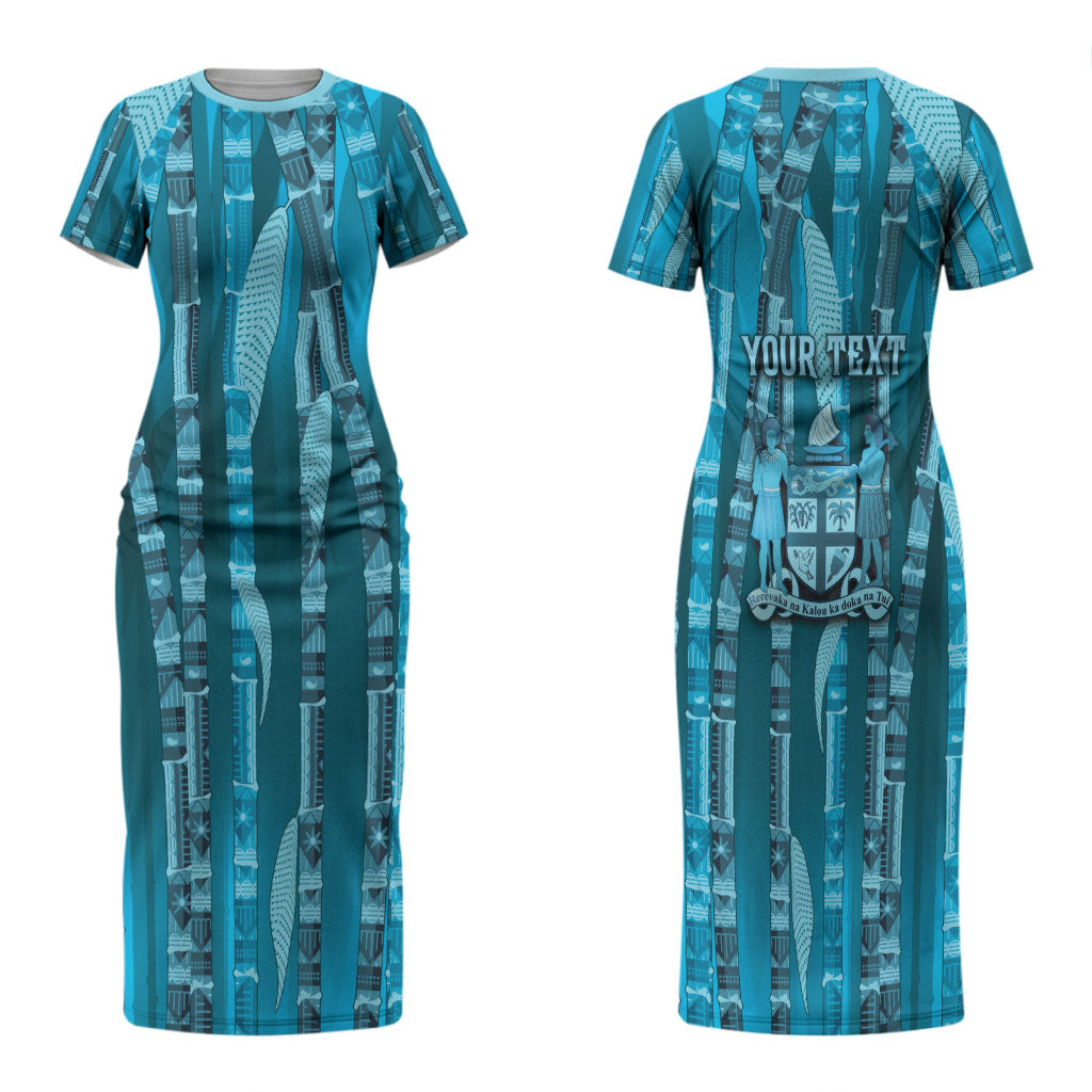 Personalised Fiji Language Week Sugarcane Masi Family Matching Short Sleeve Bodycon Dress and Hawaiian Shirt Blue Tapa Tribal Pattern