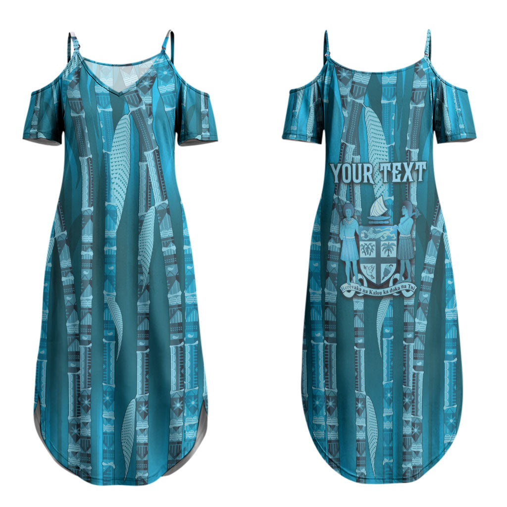 Personalised Fiji Language Week Sugarcane Masi Family Matching Summer Maxi Dress and Hawaiian Shirt Blue Tapa Tribal Pattern