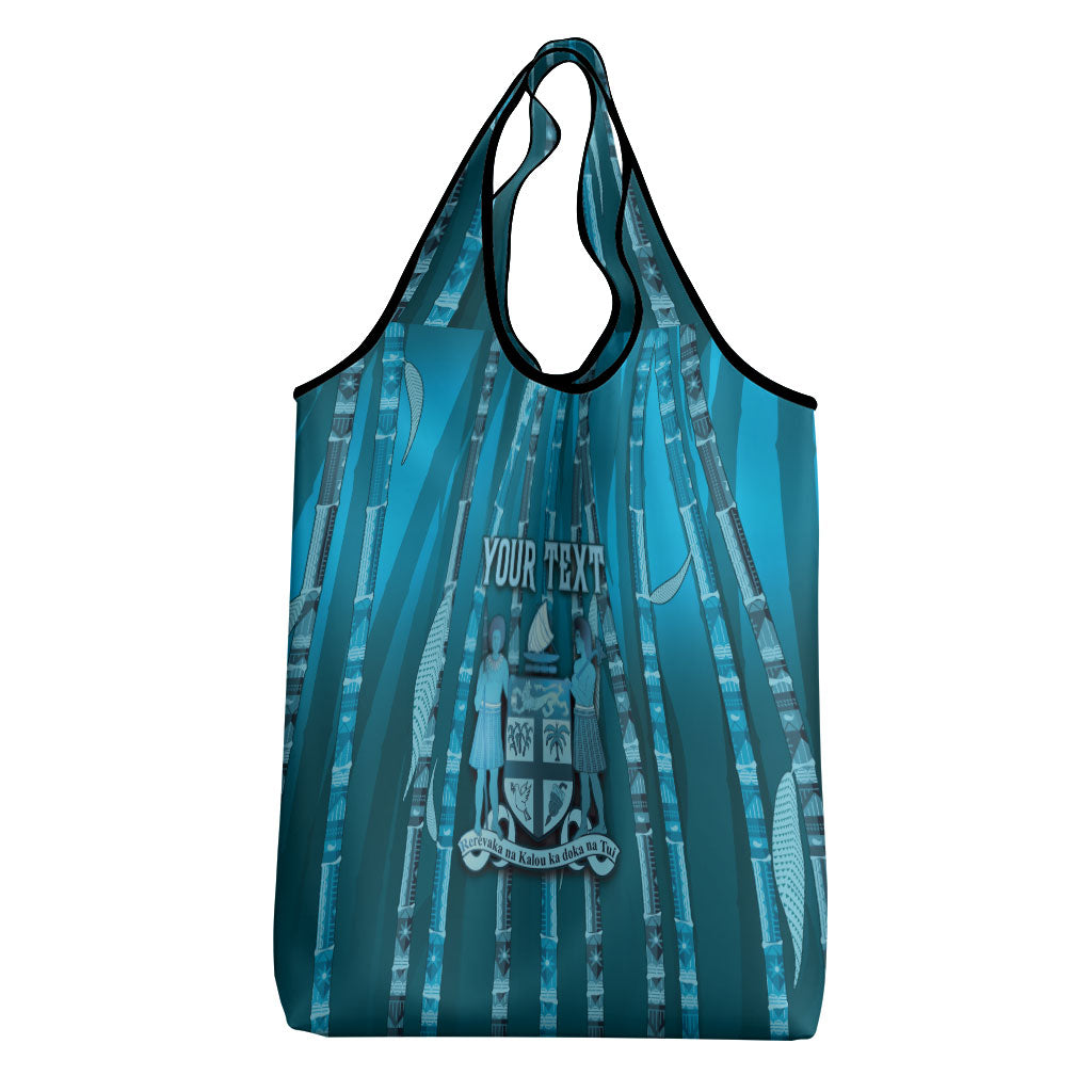Personalised Fiji Language Week Sugarcane Masi Grocery Bag Blue Tapa Tribal Pattern