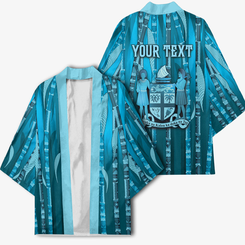 Personalised Fiji Language Week Sugarcane Masi Kimono Blue Tapa Tribal Pattern