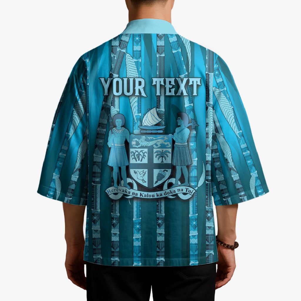 Personalised Fiji Language Week Sugarcane Masi Kimono Blue Tapa Tribal Pattern