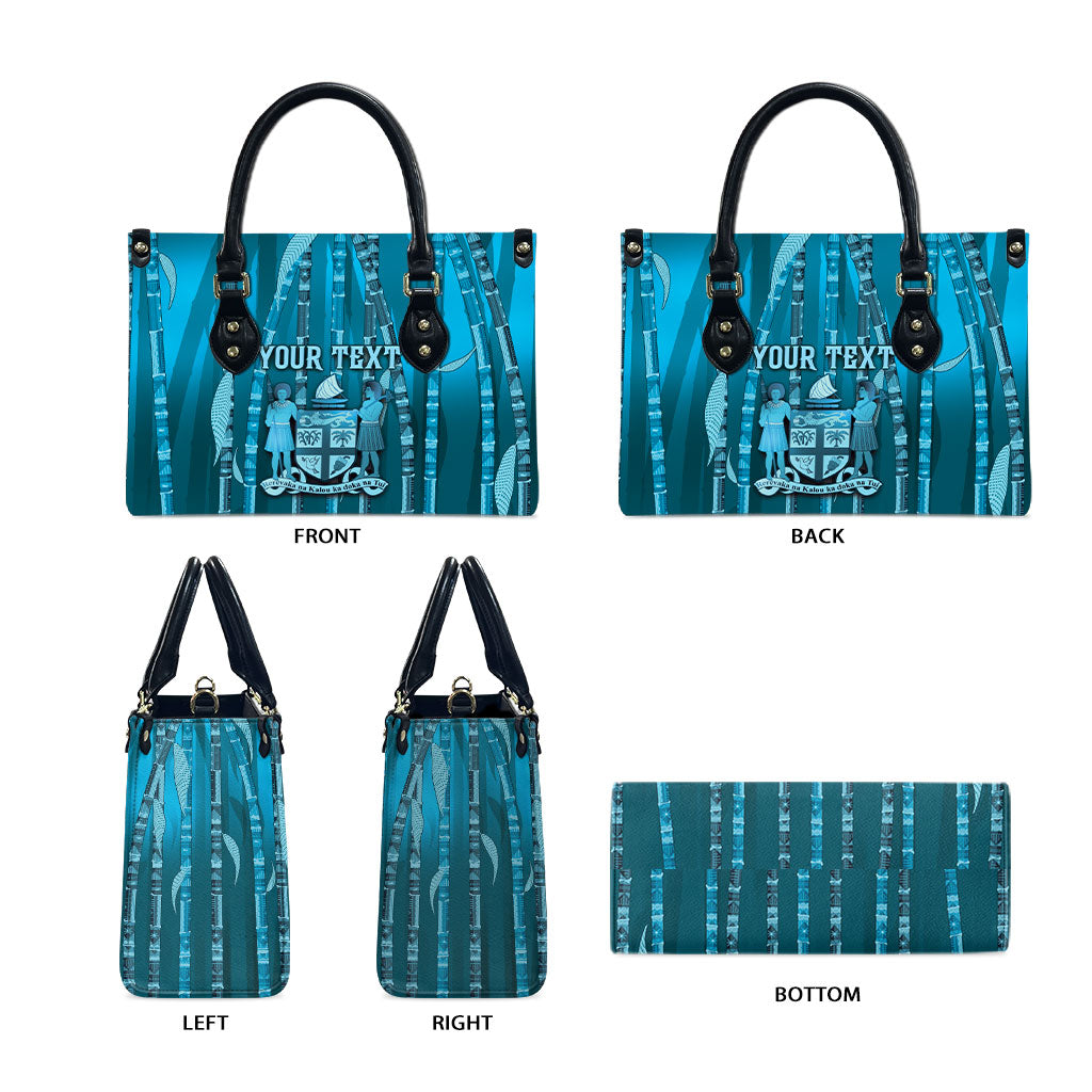 Personalised Fiji Language Week Sugarcane Masi Leather Bag Blue Tapa Tribal Pattern