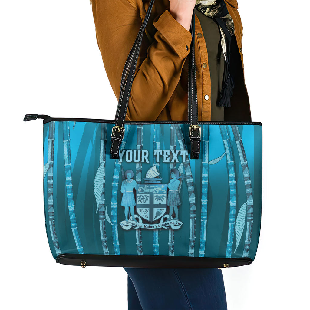 Personalised Fiji Language Week Sugarcane Masi Leather Tote Bag Blue Tapa Tribal Pattern