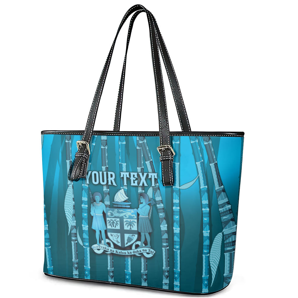 Personalised Fiji Language Week Sugarcane Masi Leather Tote Bag Blue Tapa Tribal Pattern
