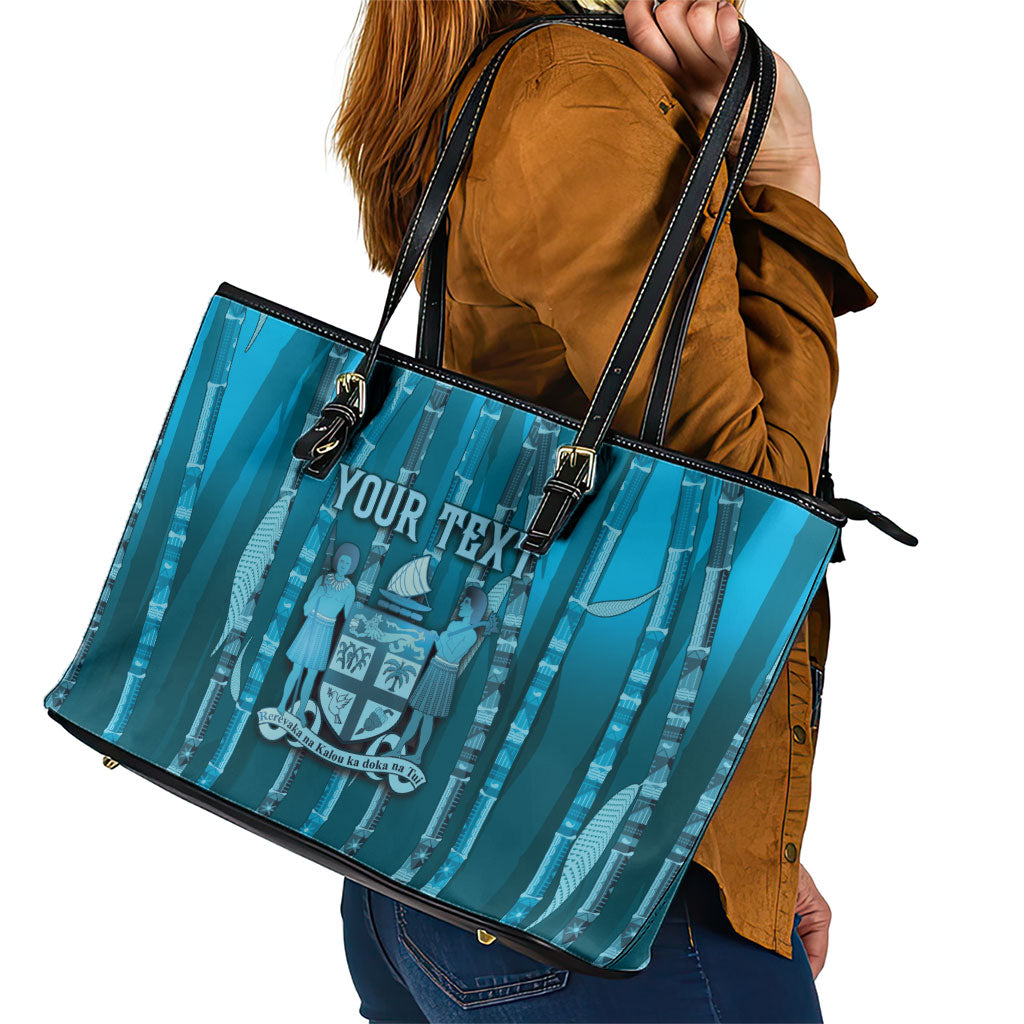 Personalised Fiji Language Week Sugarcane Masi Leather Tote Bag Blue Tapa Tribal Pattern