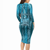 Personalised Fiji Language Week Sugarcane Masi Long Sleeve Bodycon Dress Blue Tapa Tribal Pattern