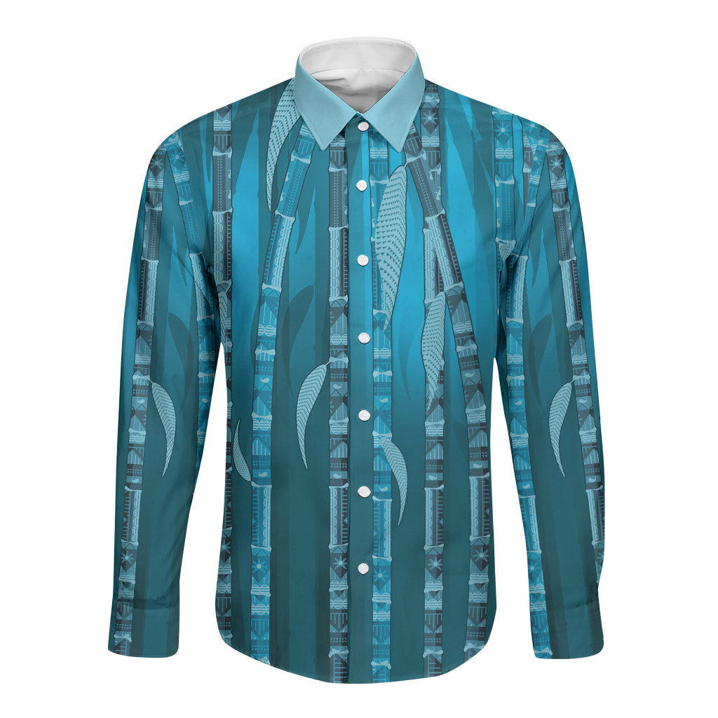 Personalised Fiji Language Week Sugarcane Masi Long Sleeve Button Shirt Blue Tapa Tribal Pattern