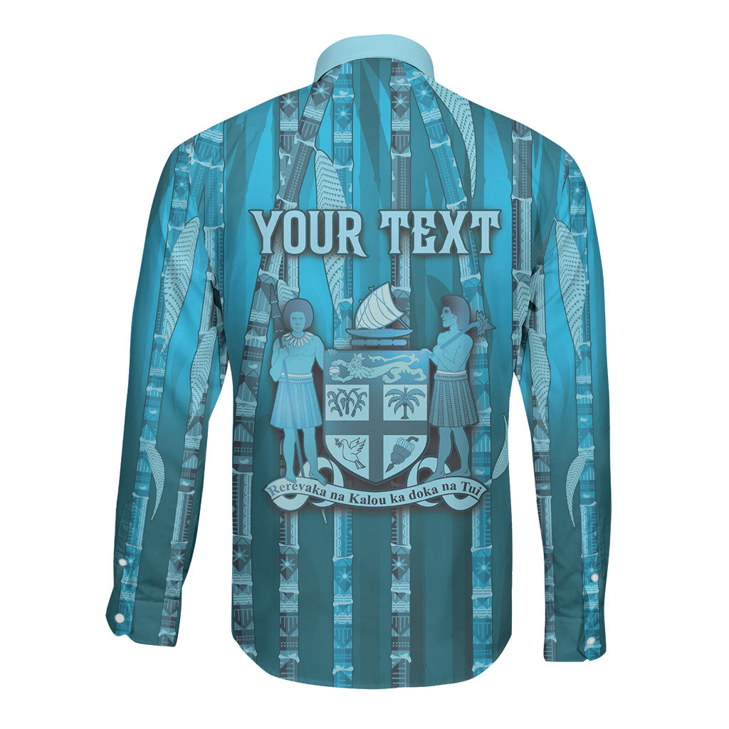 Personalised Fiji Language Week Sugarcane Masi Long Sleeve Button Shirt Blue Tapa Tribal Pattern