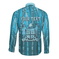 Personalised Fiji Language Week Sugarcane Masi Long Sleeve Button Shirt Blue Tapa Tribal Pattern
