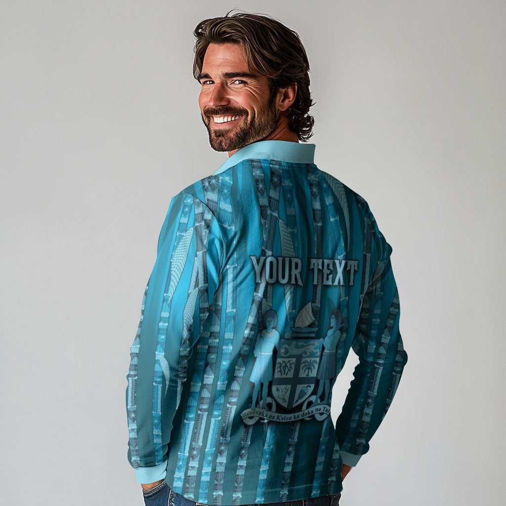 Personalised Fiji Language Week Sugarcane Masi Long Sleeve Polo Shirt Blue Tapa Tribal Pattern