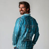 Personalised Fiji Language Week Sugarcane Masi Long Sleeve Polo Shirt Blue Tapa Tribal Pattern