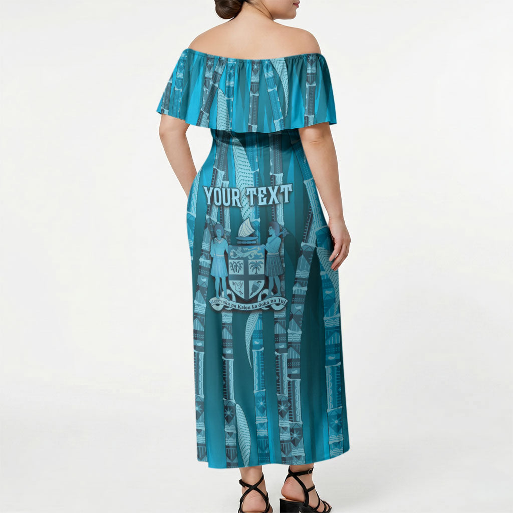 Personalised Fiji Language Week Sugarcane Masi Off Shoulder Maxi Dress Blue Tapa Tribal Pattern