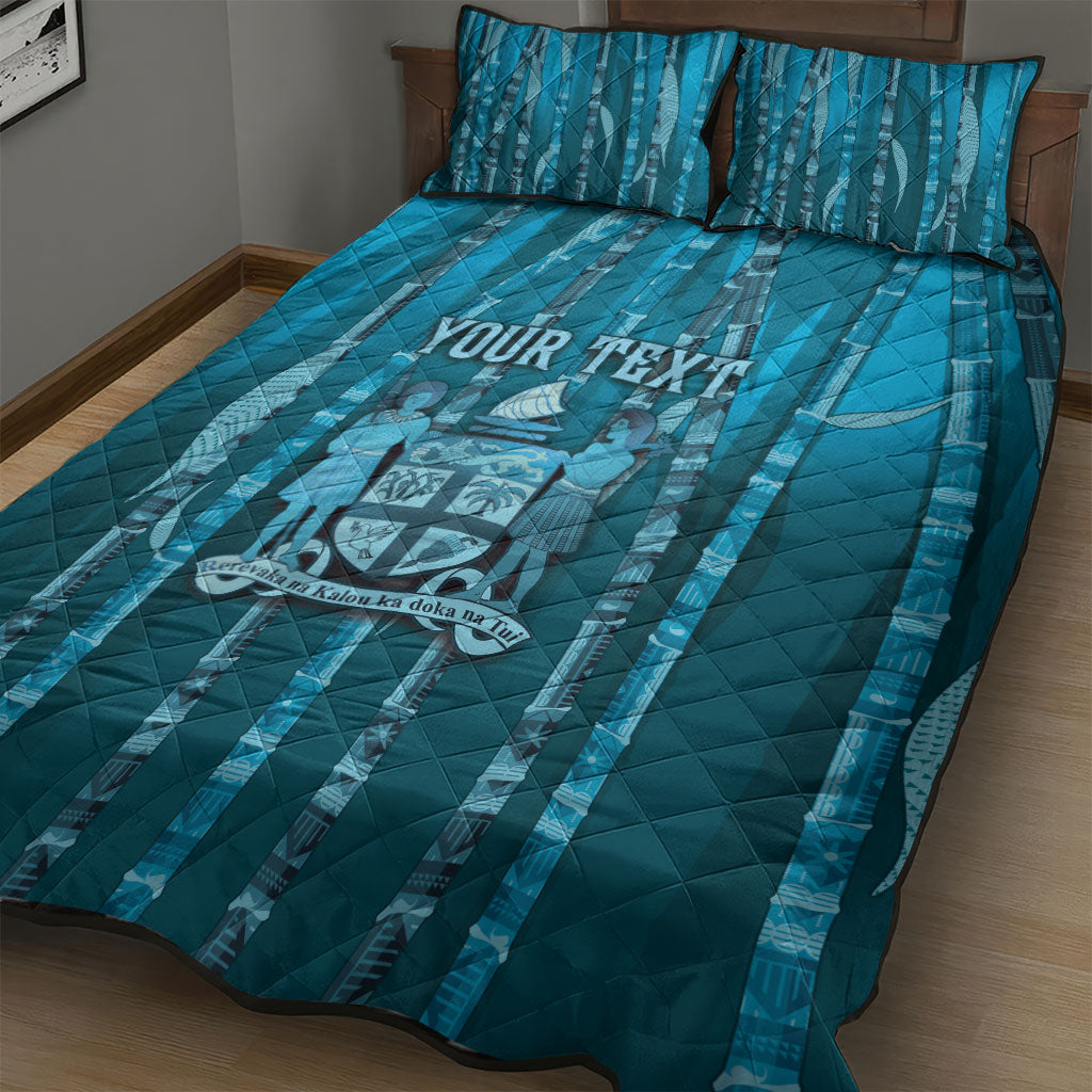 Personalised Fiji Language Week Sugarcane Masi Quilt Bed Set Blue Tapa Tribal Pattern