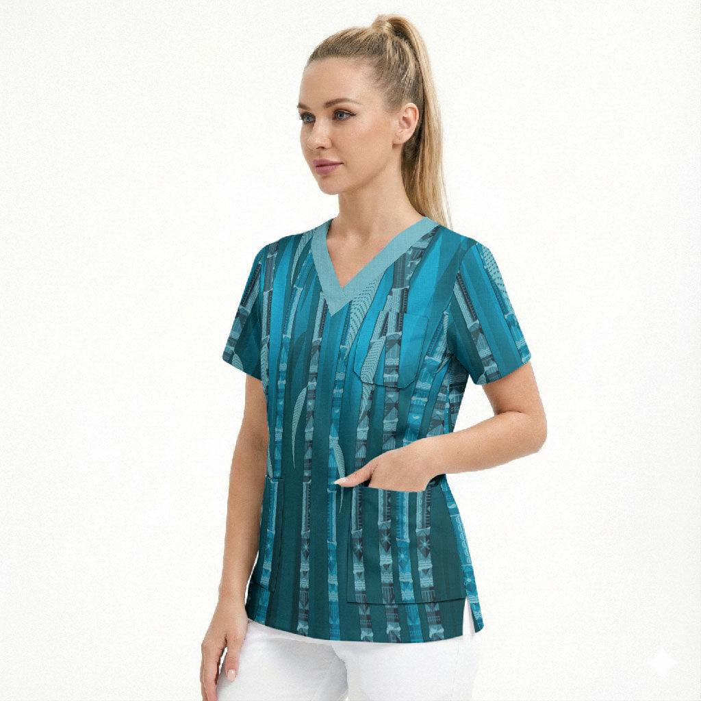 Personalised Fiji Language Week Sugarcane Masi Scrub Top Blue Tapa Tribal Pattern