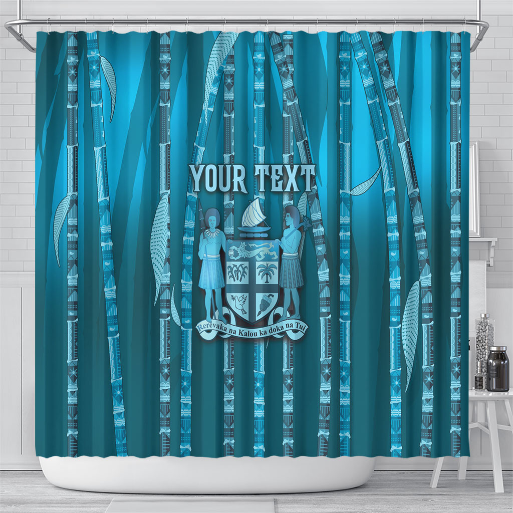 Personalised Fiji Language Week Sugarcane Masi Shower Curtain Blue Tapa Tribal Pattern