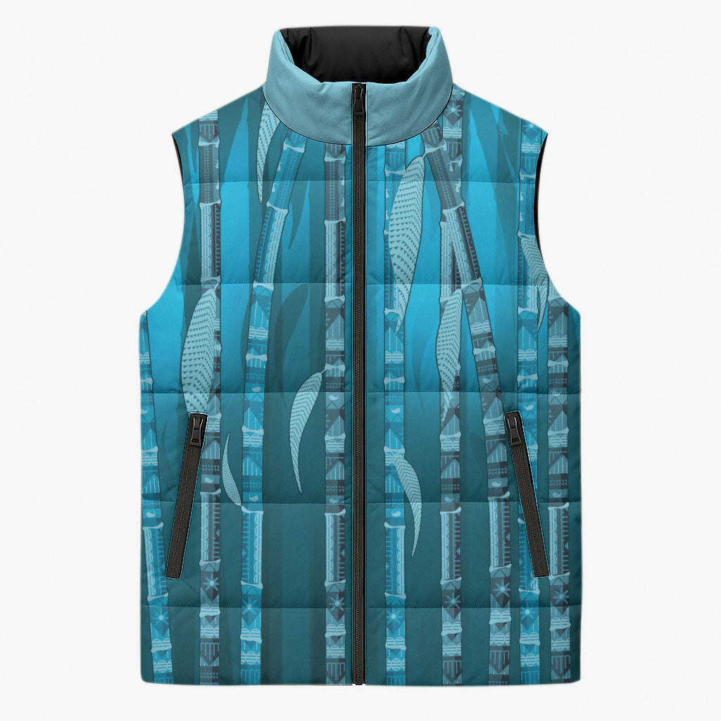 Personalised Fiji Language Week Sugarcane Masi Sleeveless Puffer Jacket Blue Tapa Tribal Pattern