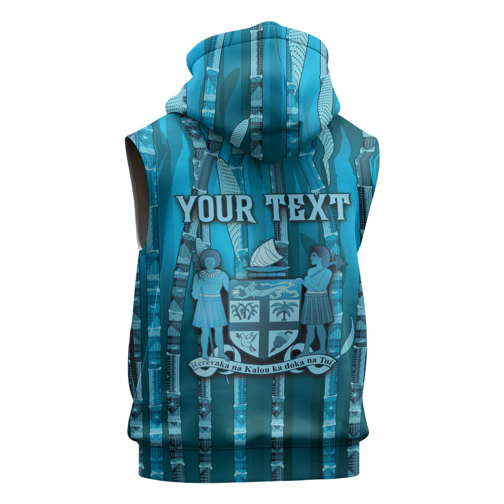 Personalised Fiji Language Week Sugarcane Masi Sleeveless Zip Hoodie Blue Tapa Tribal Pattern