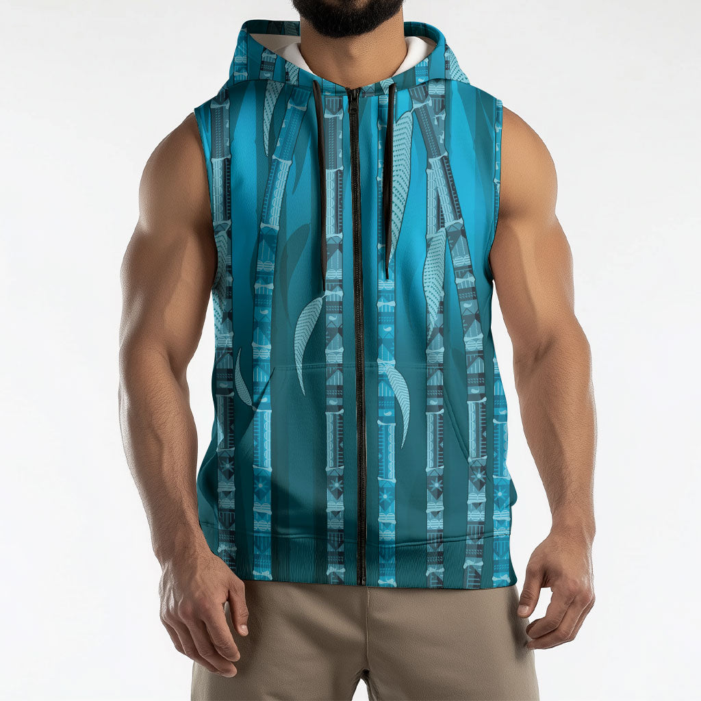 Personalised Fiji Language Week Sugarcane Masi Sleeveless Zip Hoodie Blue Tapa Tribal Pattern