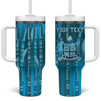 Personalised Fiji Language Week Sugarcane Masi Tumbler With Handle Blue Tapa Tribal Pattern
