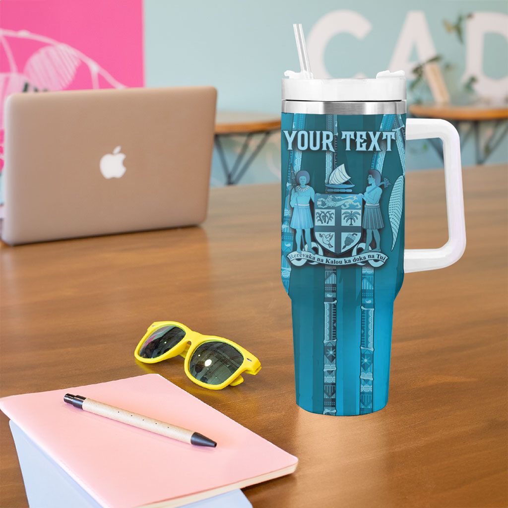 Personalised Fiji Language Week Sugarcane Masi Tumbler With Handle Blue Tapa Tribal Pattern