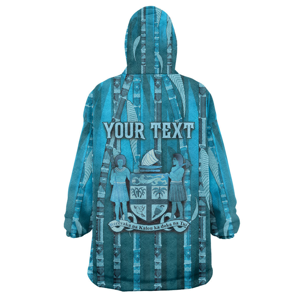 Personalised Fiji Language Week Sugarcane Masi Wearable Blanket Hoodie Blue Tapa Tribal Pattern