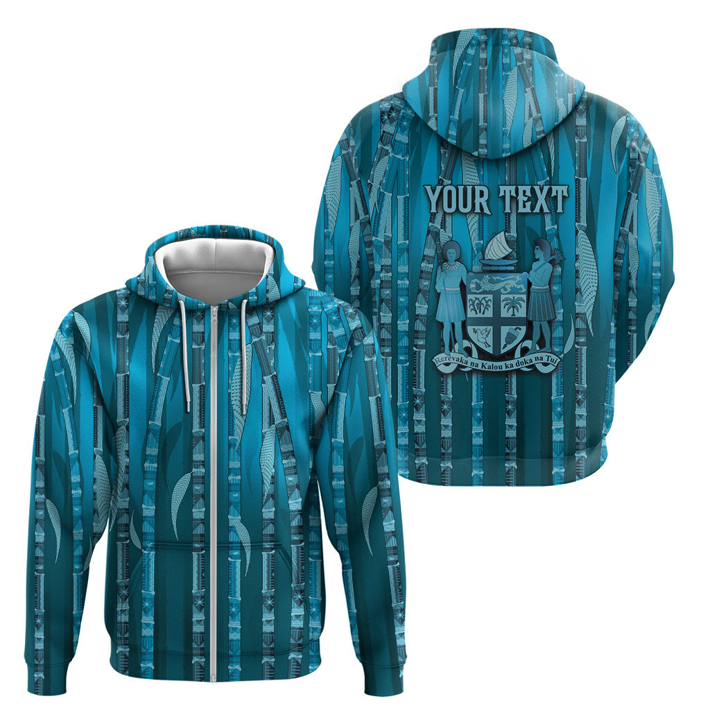 Personalised Fiji Language Week Sugarcane Masi Zip Hoodie Blue Tapa Tribal Pattern