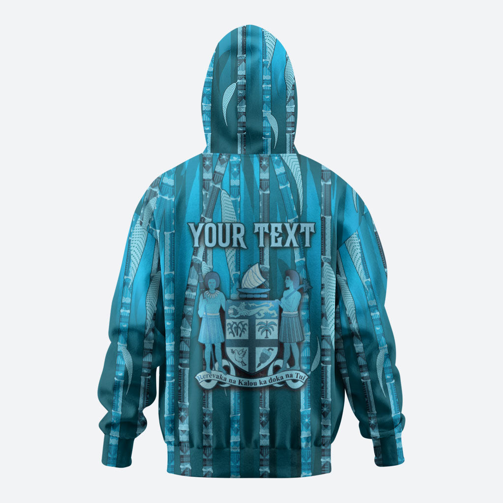 Personalised Fiji Language Week Sugarcane Masi Zip Hoodie Blue Tapa Tribal Pattern