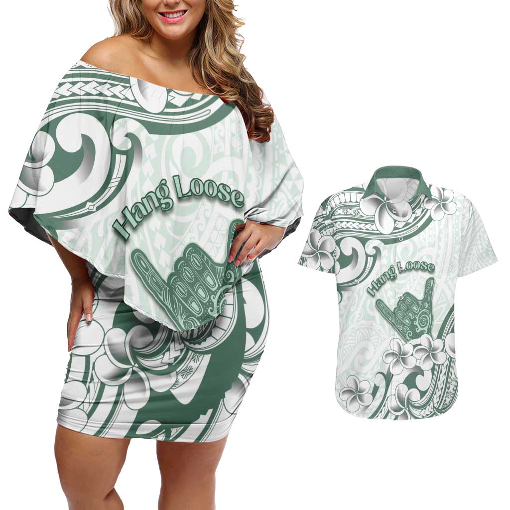 Aloha Hawaii Shaka Couples Matching Off Shoulder Short Dress and Hawaiian Shirt Hang Loose Mint Version - Polynesian Pride