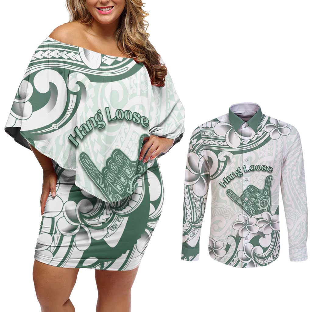 Aloha Hawaii Shaka Couples Matching Off Shoulder Short Dress and Long Sleeve Button Shirt Hang Loose Mint Version - Polynesian Pride