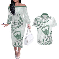 Aloha Hawaii Shaka Couples Matching Off The Shoulder Long Sleeve Dress and Hawaiian Shirt Hang Loose Mint Version - Polynesian Pride