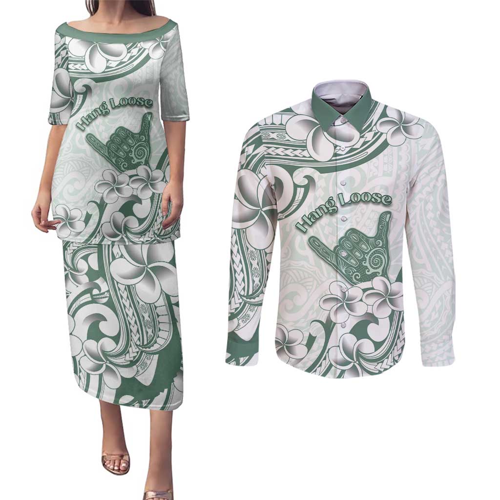 Aloha Hawaii Shaka Couples Matching Puletasi and Long Sleeve Button Shirt Hang Loose Mint Version DT05 Mint - Polynesian Pride