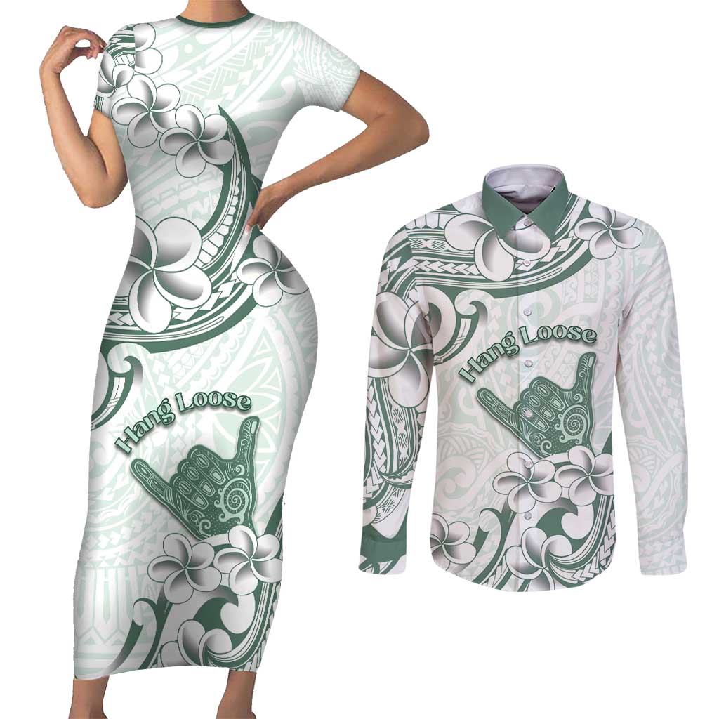 Aloha Hawaii Shaka Couples Matching Short Sleeve Bodycon Dress and Long Sleeve Button Shirt Hang Loose Mint Version - Polynesian Pride
