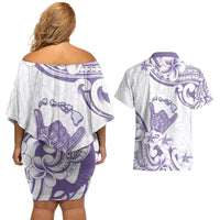 Aloha Hawaii Shaka Couples Matching Off Shoulder Short Dress and Hawaiian Shirt Hang Loose Purple Version - Polynesian Pride