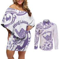 Aloha Hawaii Shaka Couples Matching Off Shoulder Short Dress and Long Sleeve Button Shirt Hang Loose Purple Version - Polynesian Pride