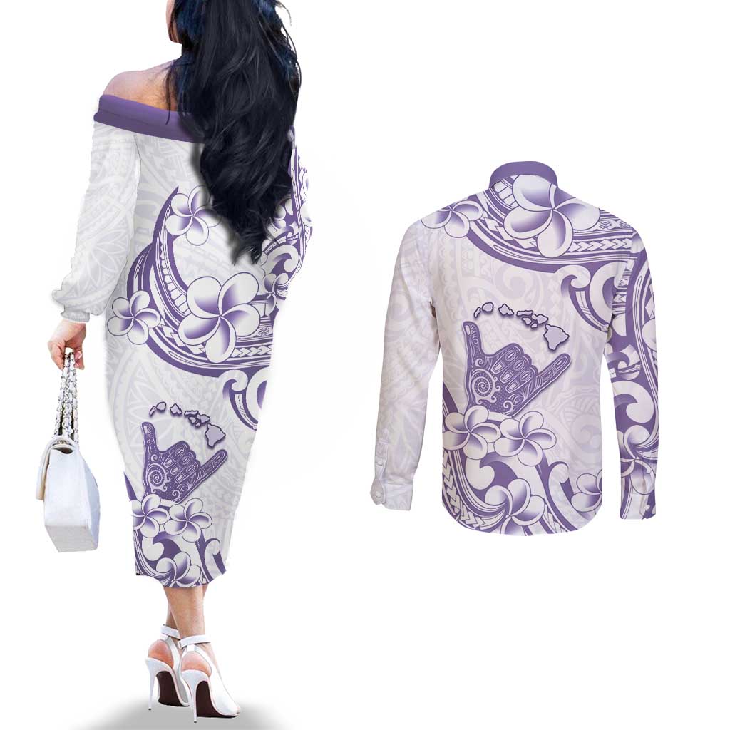 Aloha Hawaii Shaka Couples Matching Off The Shoulder Long Sleeve Dress and Long Sleeve Button Shirt Hang Loose Purple Version - Polynesian Pride
